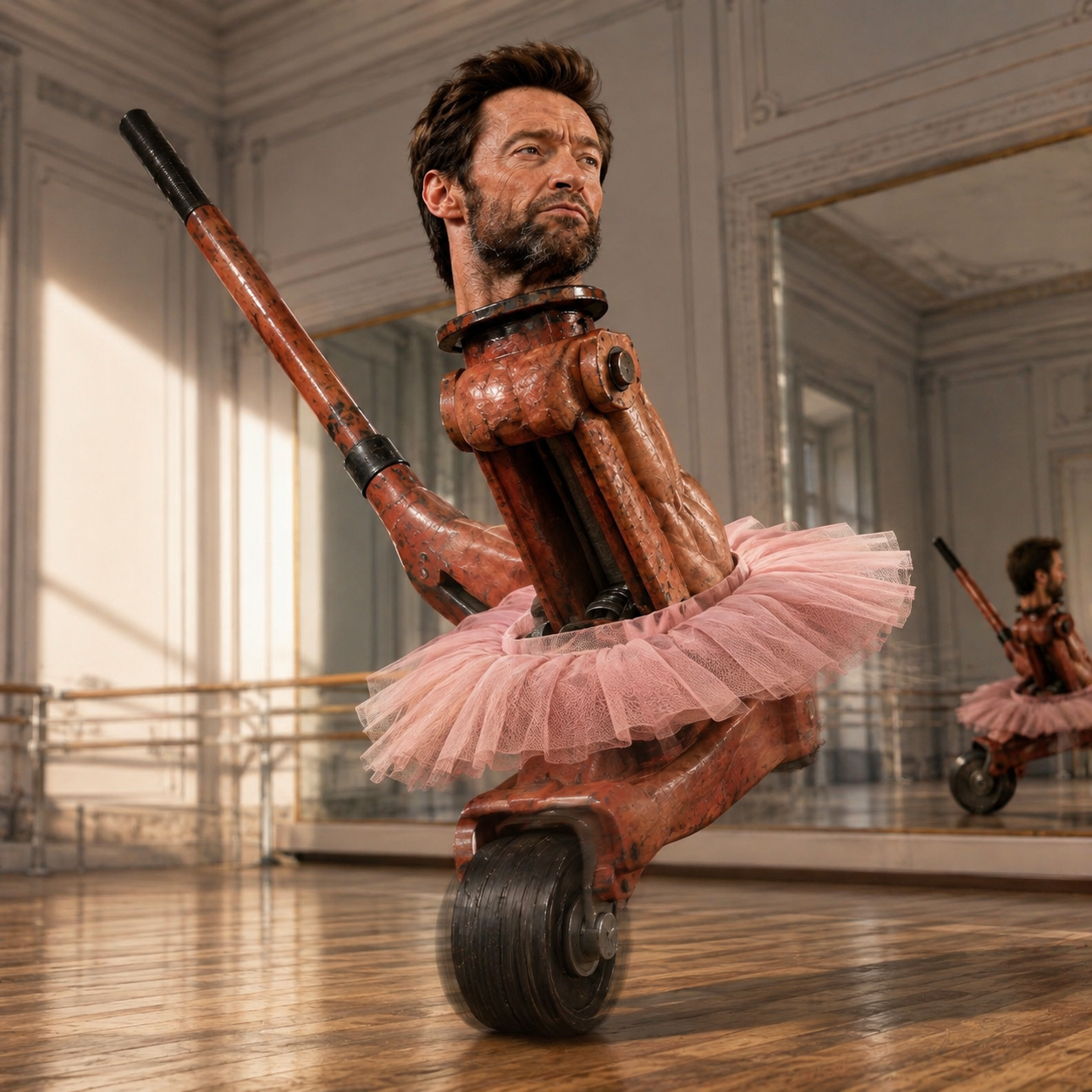 The jack in a pink tutu balancing on one wheel in a ballet studio