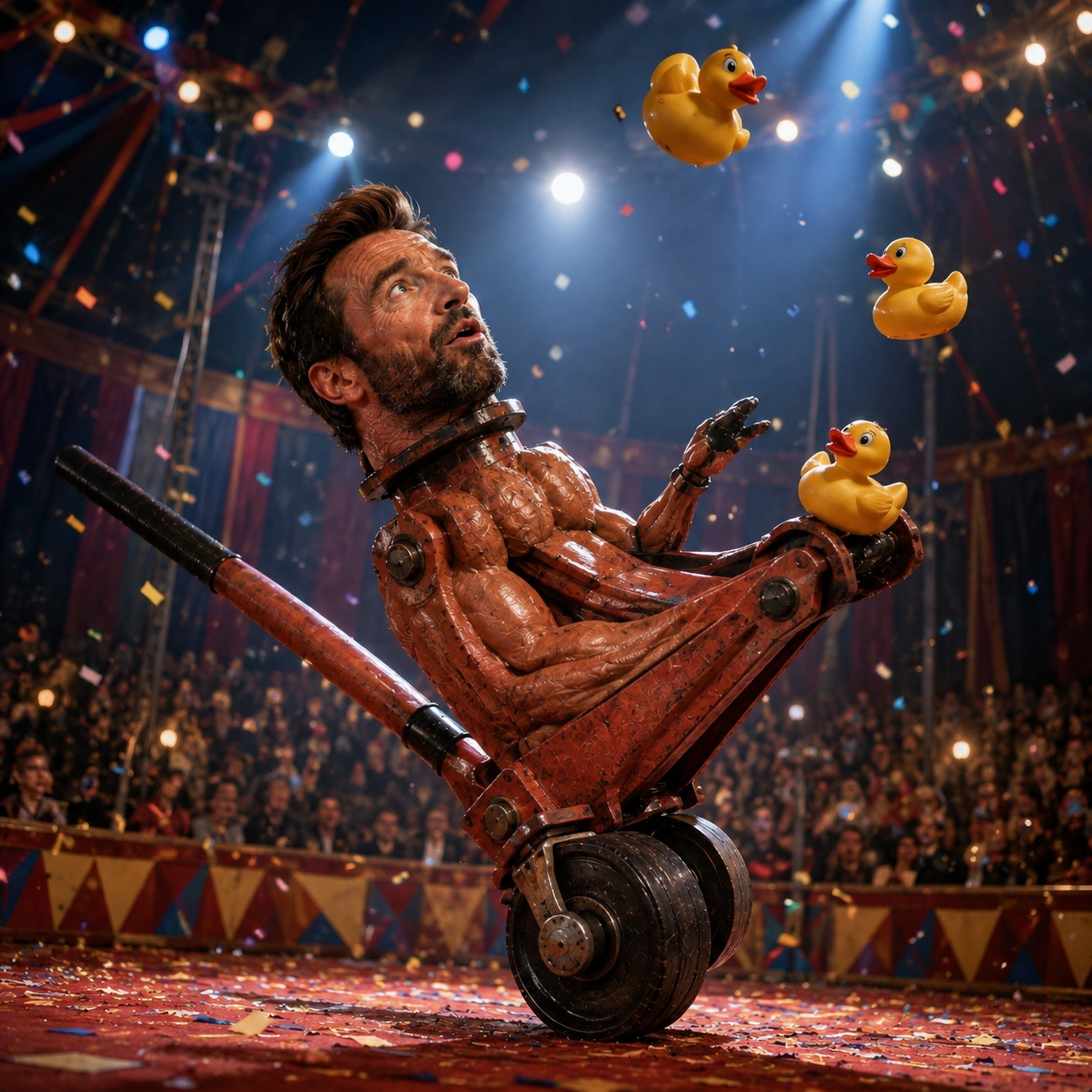 The jack juggling rubber ducks under a circus big top