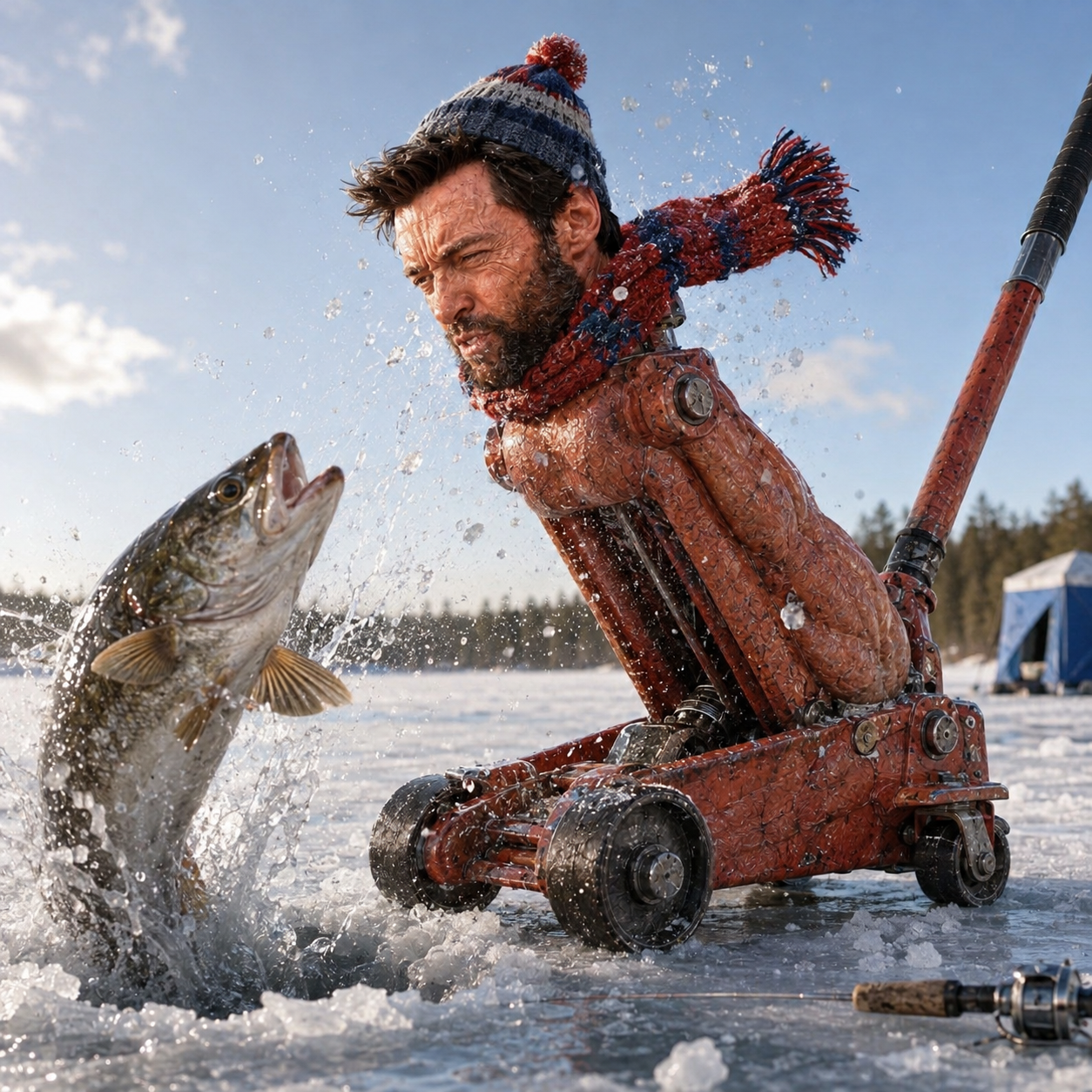 The jack in a knit hat and scarf ice fishing as a pike leaps from the hole